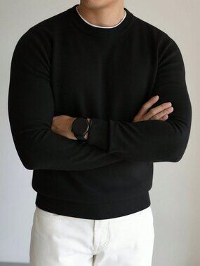 Black Casual Men's Round Neck Long Sleeve Sweater
